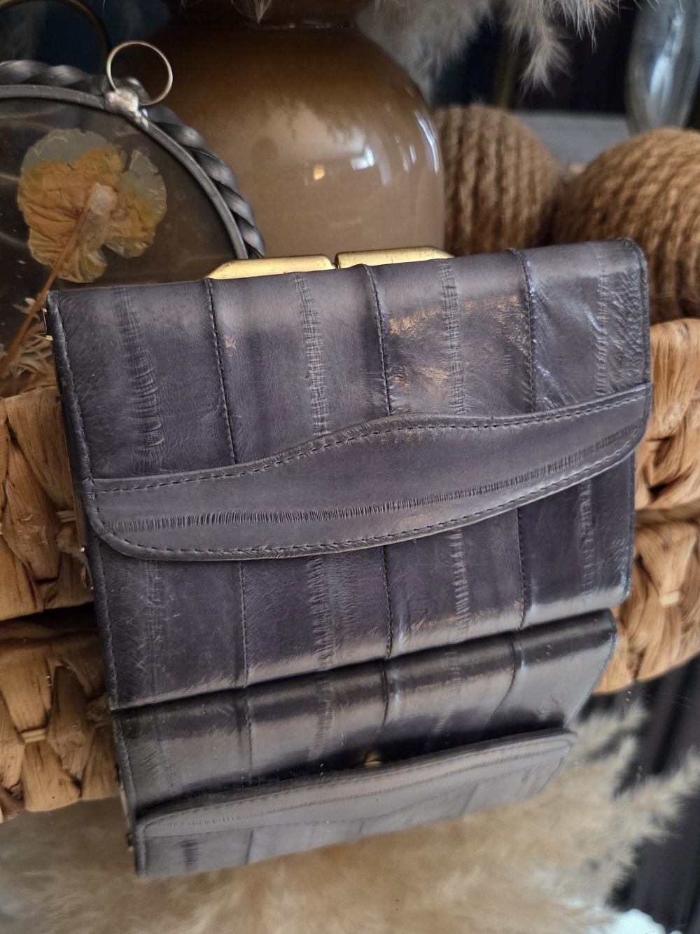 Vintage Genuine Eel Skin Leather Wallet Clutch Gray Korea Gold Frame